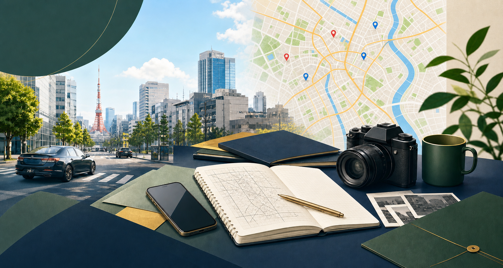 調査内容を整理するためのカメラ、ノート、地図を描いたイラスト